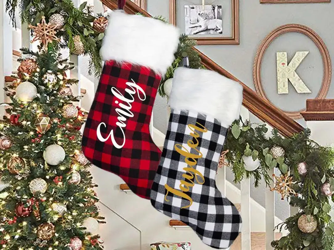 Custom Red Christmas Stocking Personalized Christmas Stocking Christmas Gift Plaid Stocking Family Stocking Holiday Stocking