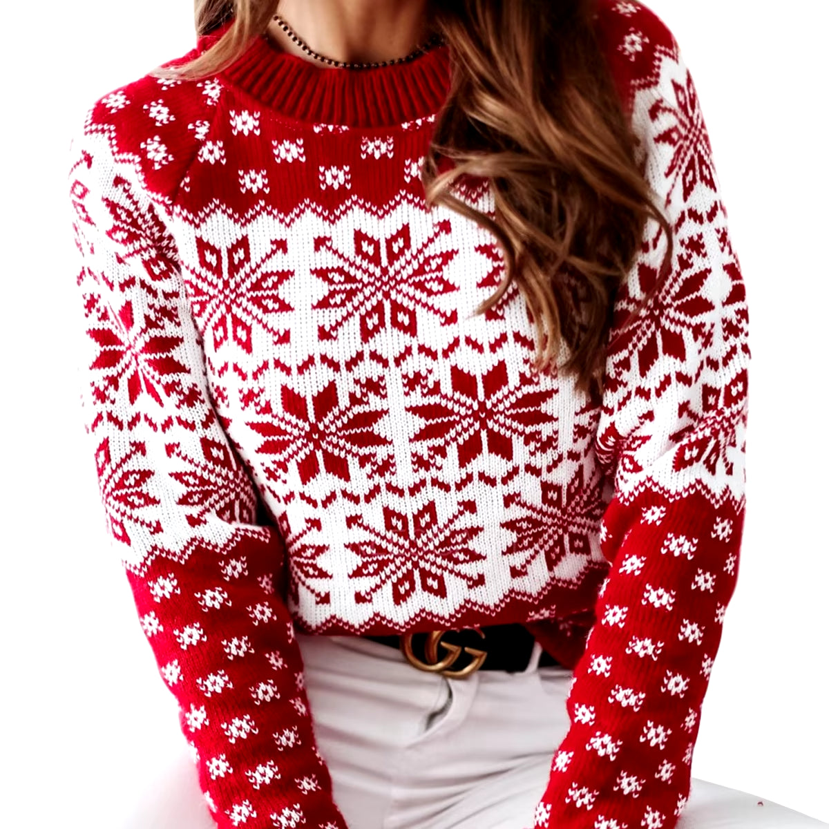 Christmas Sweaters Women Snowflake Pattern Classic round Neck Long Sleeve Festive Xmas Clothing