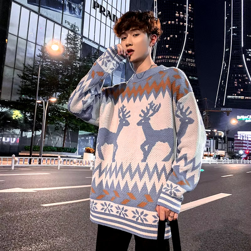 Christmas Sweater Men Autumn Turtleneck Pullover Gengar Spacious Print Patchwork Jumpers Warm Knit Oversized Ugly Sweater Unisex