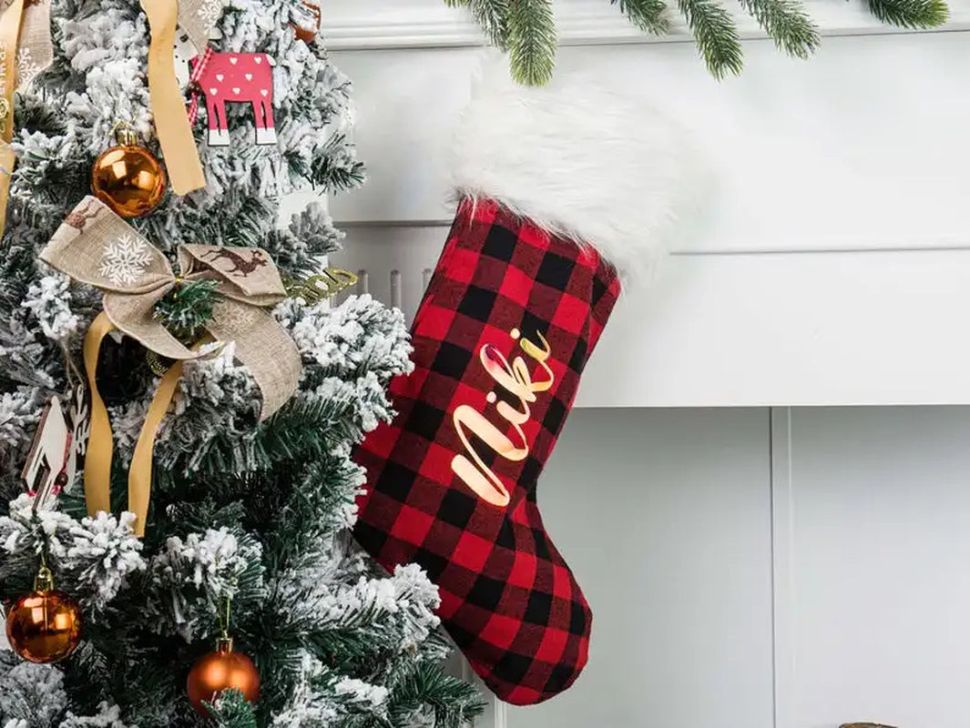 Custom Red Christmas Stocking Personalized Christmas Stocking Christmas Gift Plaid Stocking Family Stocking Holiday Stocking