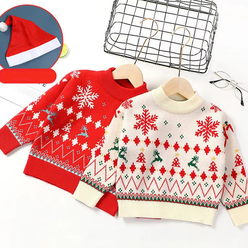 Children'S Babi Warm Sweaters Cartoon Deer Winter Baby Girls Kids College Jacket New Year Christmas Sweater Give Christmas Hats