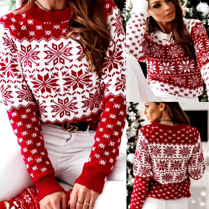 Christmas Sweaters Women Snowflake Pattern Classic round Neck Long Sleeve Festive Xmas Clothing