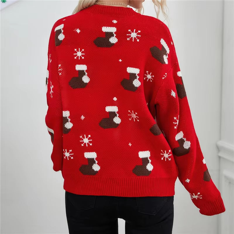 Christmas Party Sweater Women Fashion 2021 Cartoon Socks Printed O Neck Long Sleeve Red Xmas Loose Knitted Pullover Sweaters Top