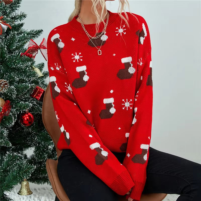 Christmas Party Sweater Women Fashion 2021 Cartoon Socks Printed O Neck Long Sleeve Red Xmas Loose Knitted Pullover Sweaters Top