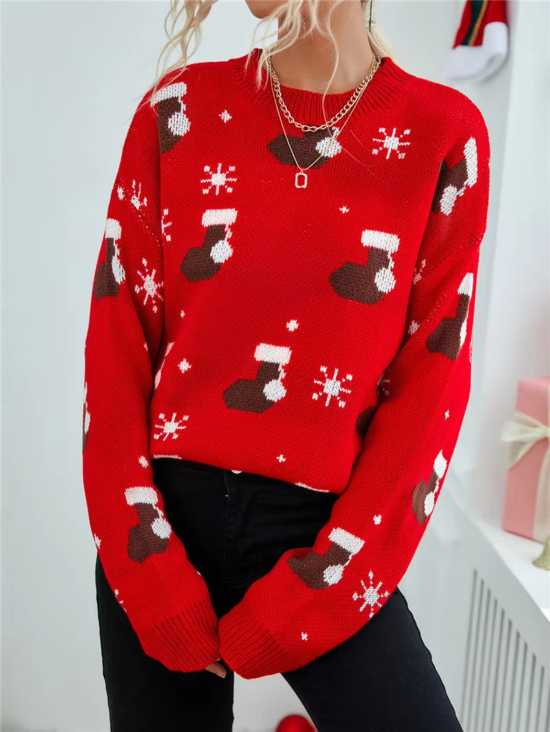 Christmas Party Sweater Women Fashion 2021 Cartoon Socks Printed O Neck Long Sleeve Red Xmas Loose Knitted Pullover Sweaters Top